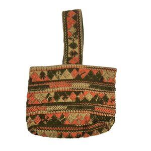 Vintage 70s Folk Art Yarn Knit Woven Bag Boho Festival